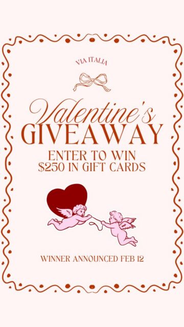 💘 Win a Via Italia Valentine’s Experience 💘

One lucky winner will win $250 in gift cards to local businesses, including @victoriasflowersandgifts, a bakery, café, restaurant, and self-care stop of your choice.

To enter:
❤️ Like this reel
🔁 Share to your story
🏷️ Tag someone you’d love to experience Via Italia with

Winner announced Feb 12!
Good luck & Happy Valentine’s Day 🇮🇹✨