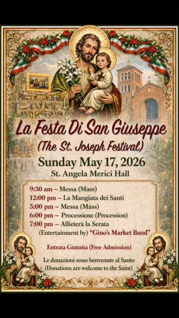 La Festa Di San Giuseppe returns to Via Italia 🇮🇹

St. Angela Merici Church, a cornerstone of our street and Italian community, will host the 49th annual St. Joseph Festival on Sunday, May 17, 2026.

Join us for a day of faith, tradition, procession, food, music, and community.

📍 St. Angela Merici Hall
📅 Sunday, May 17, 2026
🎶 Entertainment by Gino’s Market Band
🎟️ Free admission | Donations welcome

A beautiful tradition in the heart of Via Italia. ❤️🤍💚

#ViaItaliaWindsor #ViaItaliaBIA #StAngelaMerici #StJosephFestival #LaFestaDiSanGiuseppe