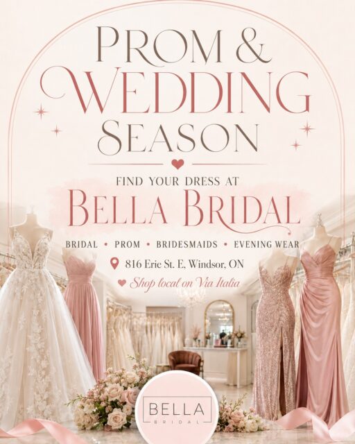 Prom season, wedding season, and every special occasion in between ✨
If you’re searching for the dress, Bella Bridal on Erie Street has options for bridal, prom, bridesmaids, evening wear, and more.
Shop local, explore Via Italia, and support one of the beautiful businesses right here in our district.
📍 Bella Bridal
816 Erie St. E, Windsor
@bellabridalwindsor
#ViaItaliaWindsor #ShopLocalWindsor #BellaBridal #PromSeason #WeddingSeason #WindsorOntario