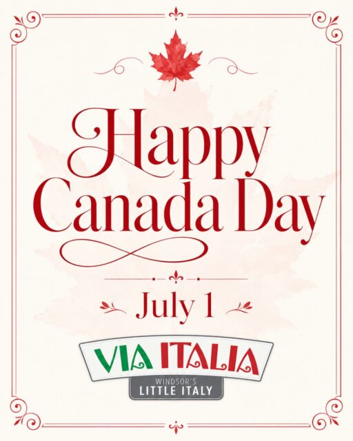 Happy Canada Day from the Via Italia BIA! 🇨🇦
Wishing our community a beautiful July 1 filled with celebration, connection, and summer joy. From all of us in Windsor’s Little Italy, have a safe and wonderful Canada Day ❤️