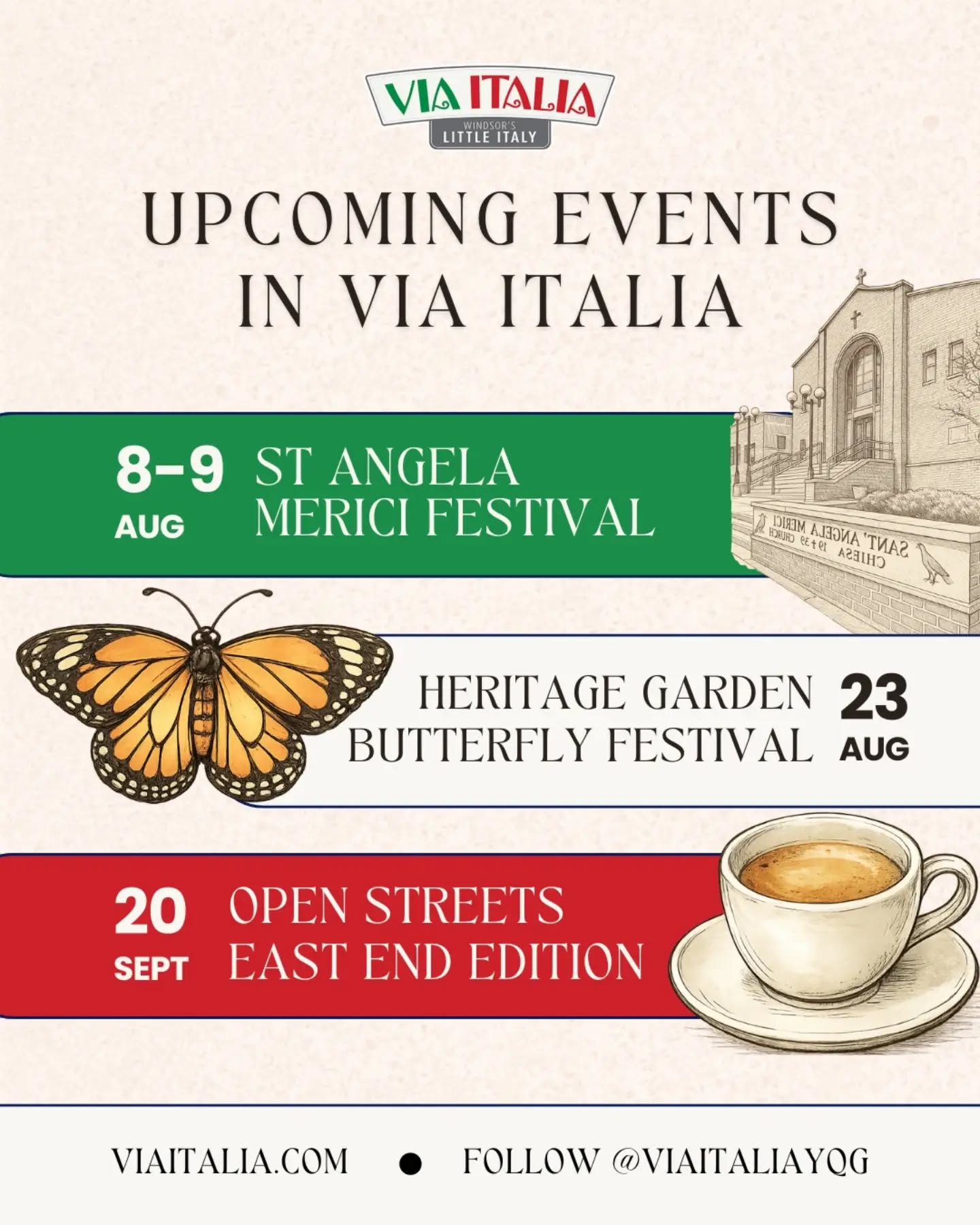 Mark your calendars! There’s more to experience in Via Italia this summer and fall 🇮🇹✨
Join us for three community celebrations along Erie Street:
🗓️ August 8–9 — St. Angela Merici Festival
🦋 August 23 — Heritage Garden Butterfly Festival
☕ September 20 — Open Streets: East End Edition
Save the dates, bring your friends and enjoy the food, culture and community spirit of Windsor’s Little Italy.
#ViaItalia #WindsorLittleItaly #ErieStreet #YQGEvents #WindsorOntario