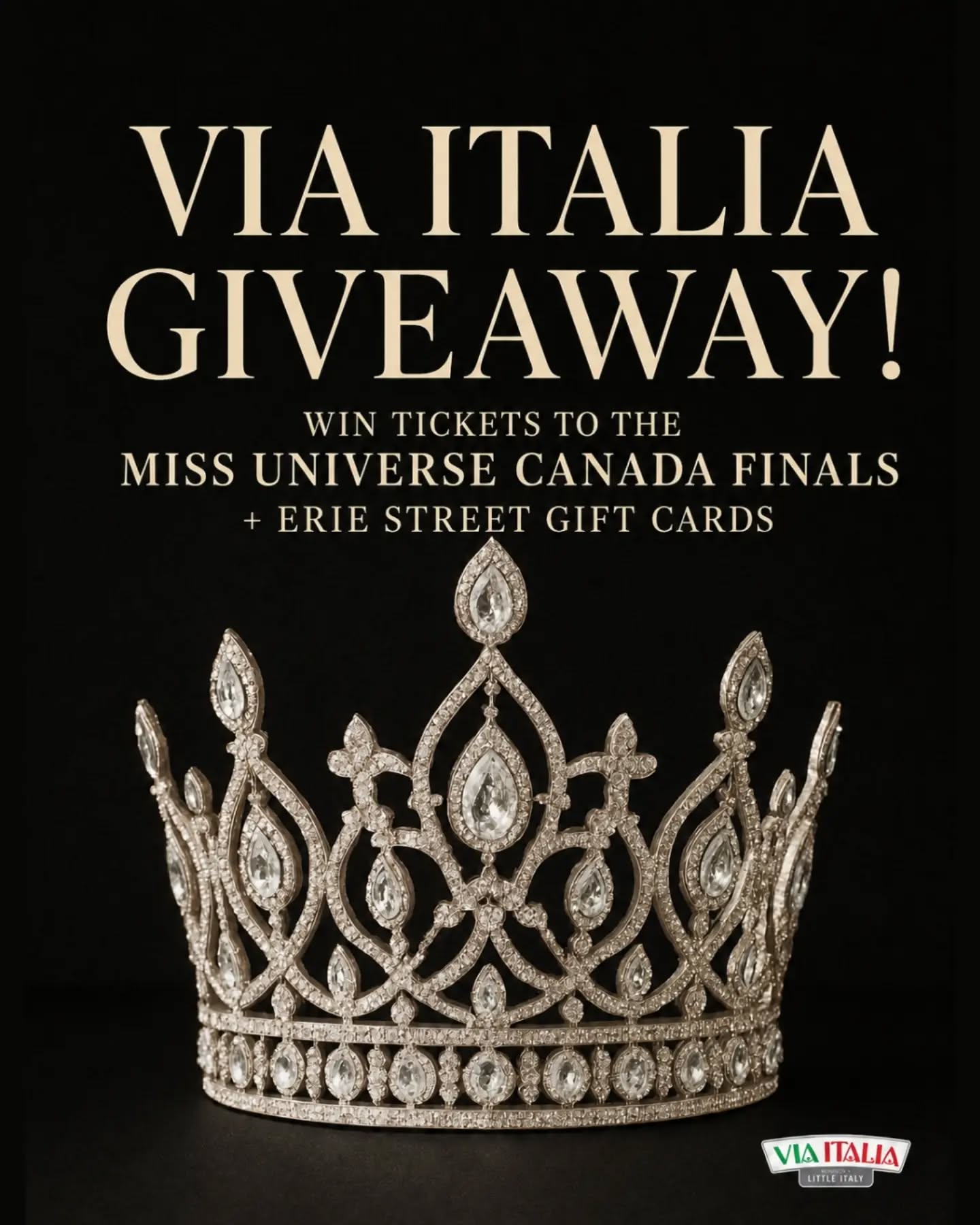 👑 PAGEANT GIVEAWAY! 👑

Miss Universe Canada is coming to Windsor, and we’re giving TWO lucky winners the chance to experience the FINALS! 💃✨

🏆 GRAND PRIZE
🎟 TWO tickets to the Miss Universe Canada Finals on Saturday, August 8
💳 PLUS a $100 gift card to the Erie Street business of your choice!

✨ FIRST RUNNER-UP
🎟 TWO tickets to the Miss Universe Canada Finals
💳 PLUS a $50 gift card to the Erie Street business of your choice!

Here’s how to enter:
1️⃣ Like this post
2️⃣ Tag a friend you’d bring
3️⃣ Share this post to your story and tag us @viaitaliayqg
4️⃣ Comment your favourite Erie Street business below!

🎉 Winners will be announced Friday afternoon!

Don’t miss your chance to experience the magic of Miss Universe Canada right here in Windsor! ❤️

Follow @missuniversecanada for all the pageant updates and cheer on our very own @sophia_sladic ! ✨

#ViaItaliaYQG #MissUniverseCanada #PageantGiveaway #WindsorEvents #YQG ErieStreet