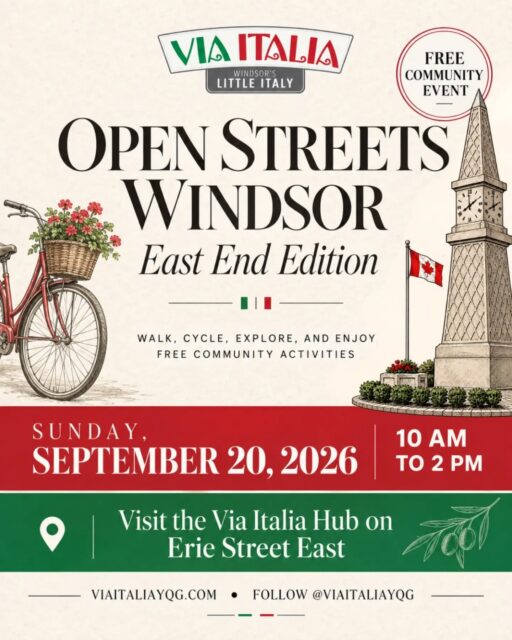 Join us in Via Italia on Sunday, September 20 from 10 AM to 2 PM for the East End Edition of Open Streets Windsor.
Walk, cycle, explore and enjoy free community activities while experiencing Erie Street in a whole new way. Be sure to visit the Via Italia Hub, explore our local businesses and see what’s happening throughout the neighbourhood.
✨ While you’re here, there’s even more happening along Erie Street:
@windsoreats will be hosting an Alley Party, and @lotusandlattes.ca is bringing The Lotus Flow to Open Streets with Yoga + Pilates from 10 AM–12 PM!
📍 Via Italia | Erie Street East
📅 Sunday, September 20, 2026
⏰ 10 AM–2 PM
🎟 Free community event
Come spend the day walking, moving, eating, shopping and exploring Via Italia. We’ll see you on Erie Street! 🇮🇹
#ViaItalia #OpenStreetsWindsor #OSWindsor #ErieStreet #WindsorOntario YQG WindsorEvents WindsorsLittleItaly SupportLocalYQG