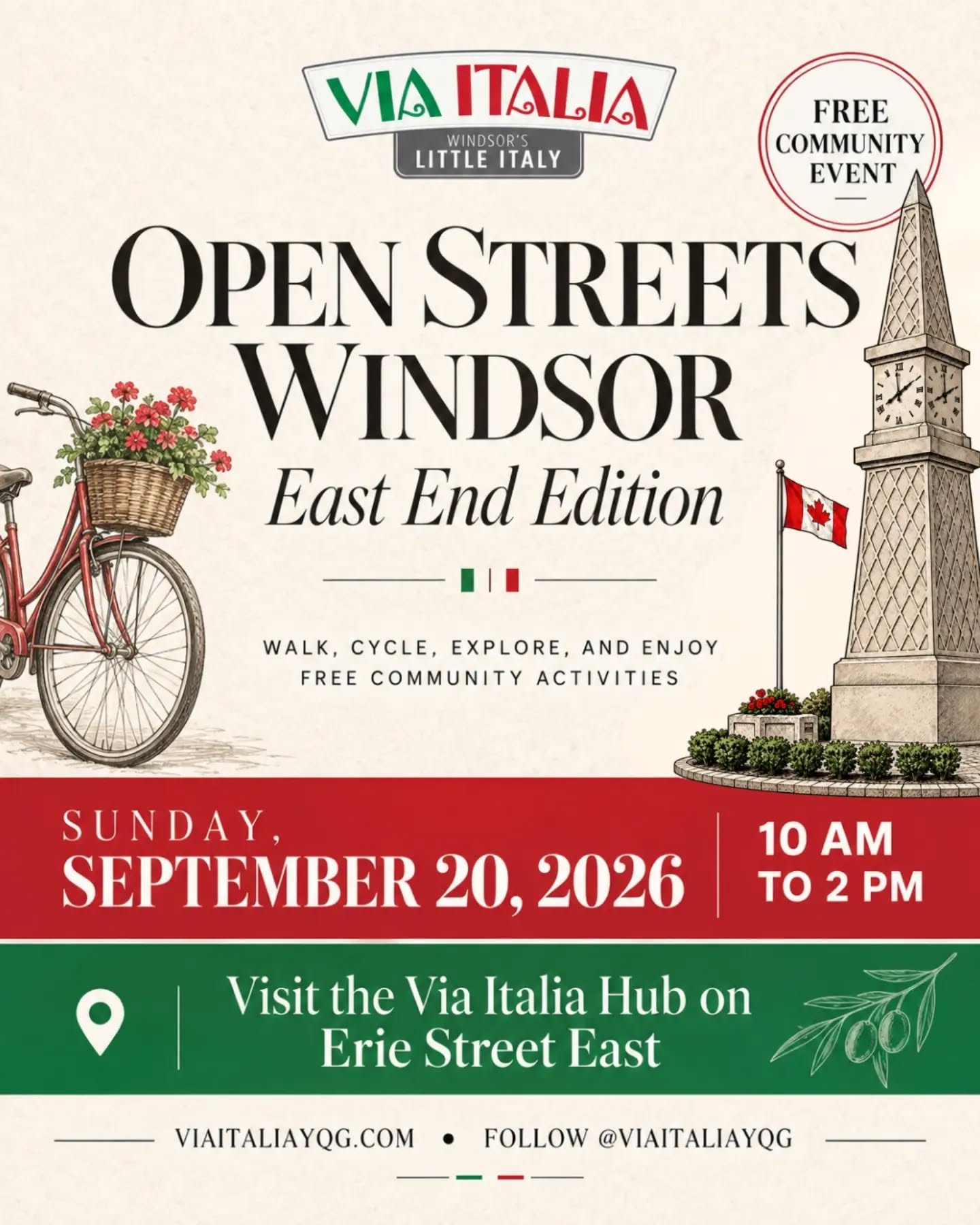 Join us in Via Italia on Sunday, September 20 from 10 AM to 2 PM for the East End Edition of Open Streets Windsor.
Walk, cycle, explore and enjoy free community activities while experiencing Erie Street in a whole new way. Be sure to visit the Via Italia Hub, explore our local businesses and see what’s happening throughout the neighbourhood.
✨ While you’re here, there’s even more happening along Erie Street:
@windsoreats will be hosting an Alley Party, and @lotusandlattes.ca is bringing The Lotus Flow to Open Streets with Yoga + Pilates from 10 AM–12 PM!
📍 Via Italia | Erie Street East
📅 Sunday, September 20, 2026
⏰ 10 AM–2 PM
🎟 Free community event
Come spend the day walking, moving, eating, shopping and exploring Via Italia. We’ll see you on Erie Street! 🇮🇹
#ViaItalia #OpenStreetsWindsor #OSWindsor #ErieStreet #WindsorOntario YQG WindsorEvents WindsorsLittleItaly SupportLocalYQG