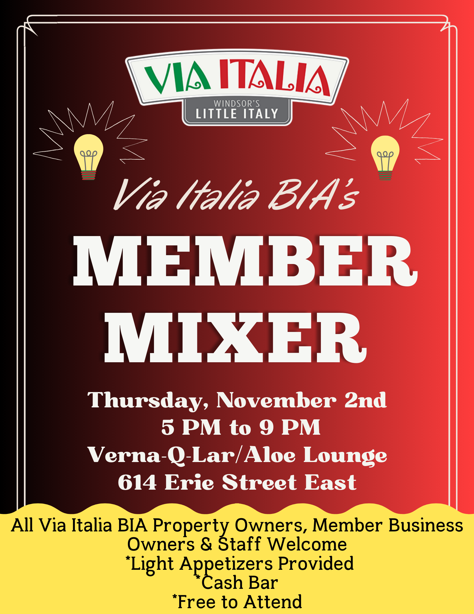 Invite Property, Business Owners and Staff of Via Italia to a Member Mixer on Nov 2, 2023 to Verna-q-lar Lounge from 5 to 9 pm